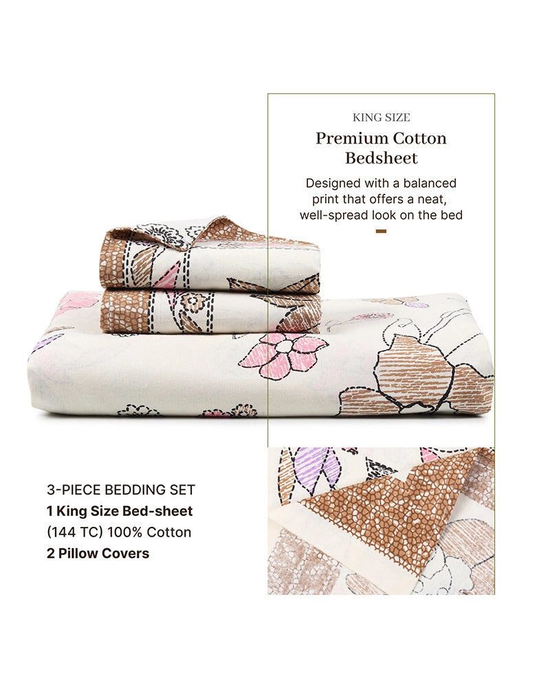 King Size Cotton Double Bed Sheet 144 TC with Pillow Covers for Master Bedroom