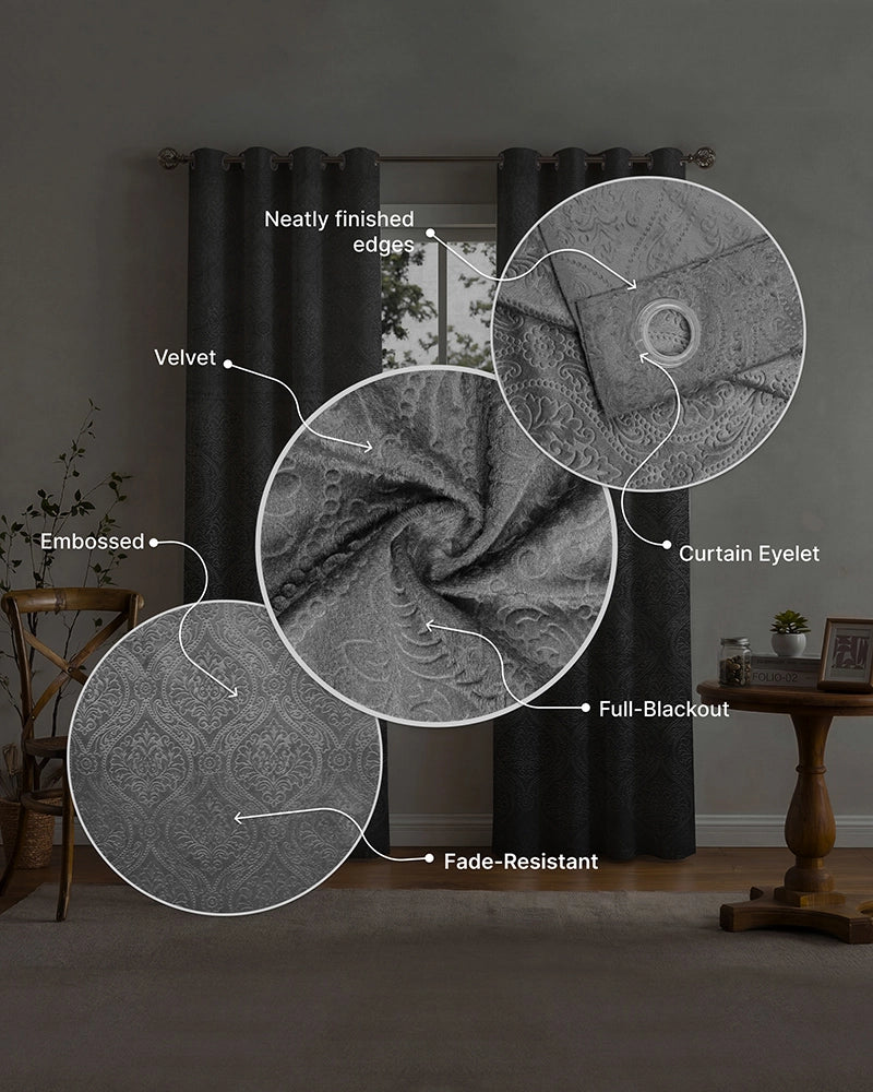 Velvet Eyelet Door Curtain (Grey, Textured, 7 ft)