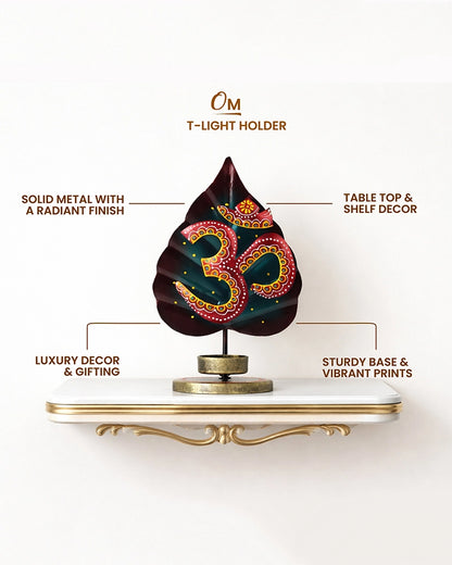 Handcrafted Metal Om Symbol Peepal Leaf Decor Tea Light Holder Showpiece