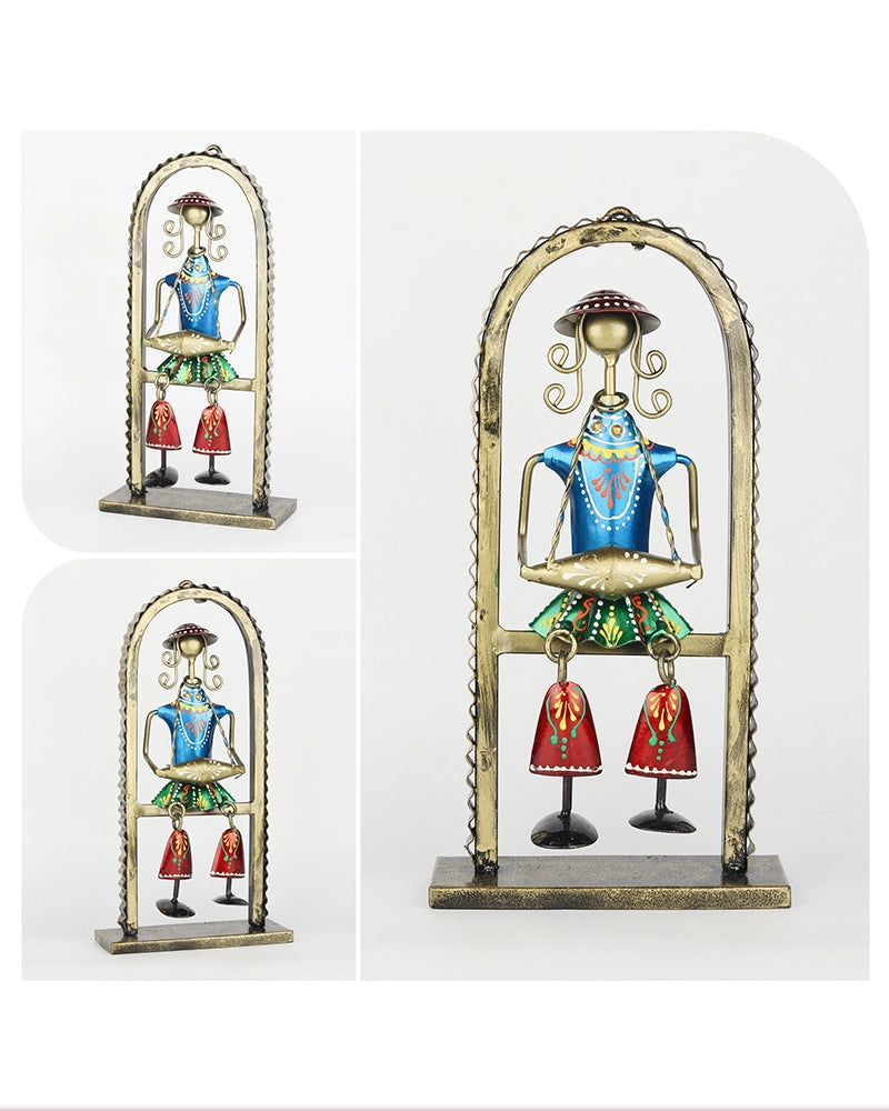 Handcrafted Metal Dholak Player Folk Musician Arch Figurine for Home Decor