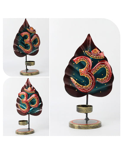 Handcrafted Metal Om Symbol Peepal Leaf Decor Tea Light Holder Showpiece
