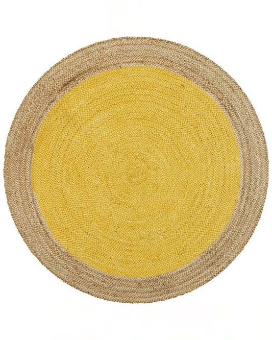 Handcrafted Natural Yellow Round Jute Carpet For Dining Space