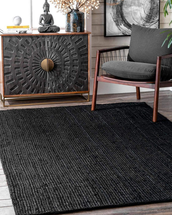 Textured Natural Black Rectangular Jute Floor Mat For Living Room