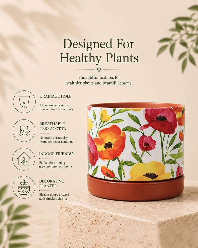 Poppy Floral Print Terracotta Planter with Under Plate (Multicolour)