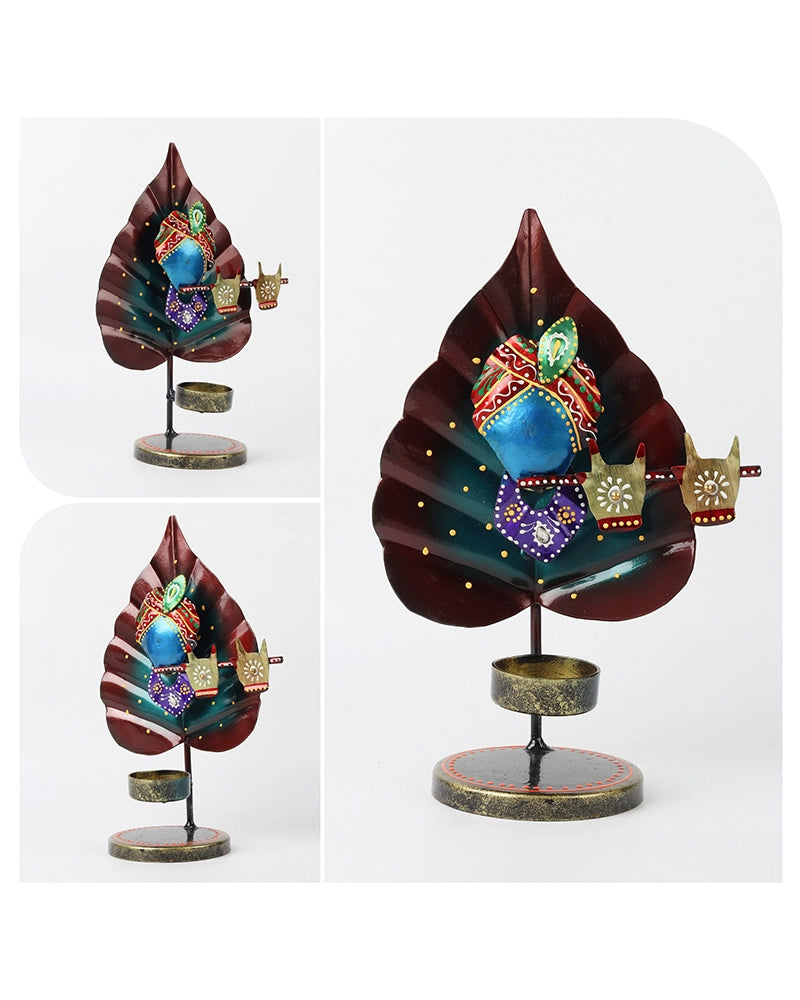 Handcrafted Metal Peepal Leaf Krishna Tealight Holder Showpiece