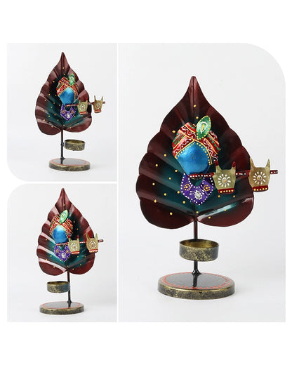 Handcrafted Metal Peepal Leaf Krishna Tealight Holder Showpiece
