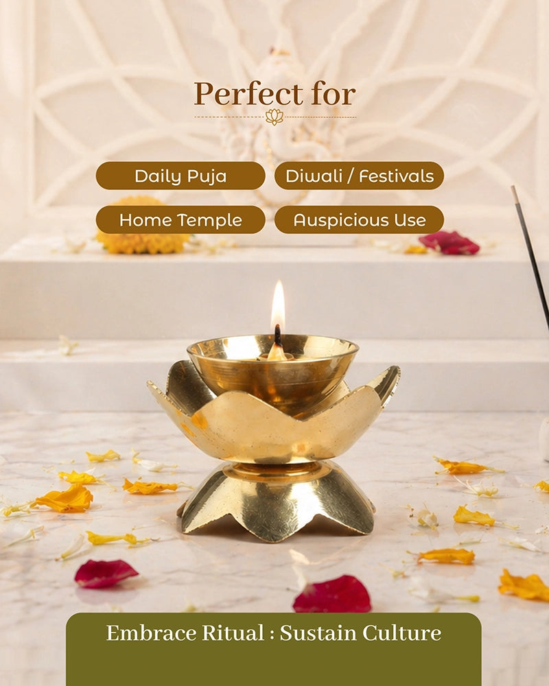 Brass Lotus Diya for Pooja Room & Home Temple Decor (Gold)