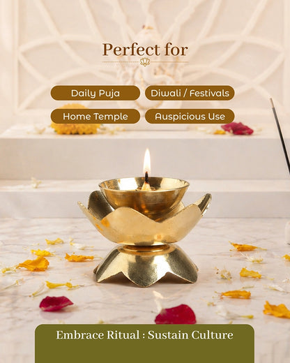 Brass Lotus Diya for Pooja Room & Home Temple Decor (Gold)