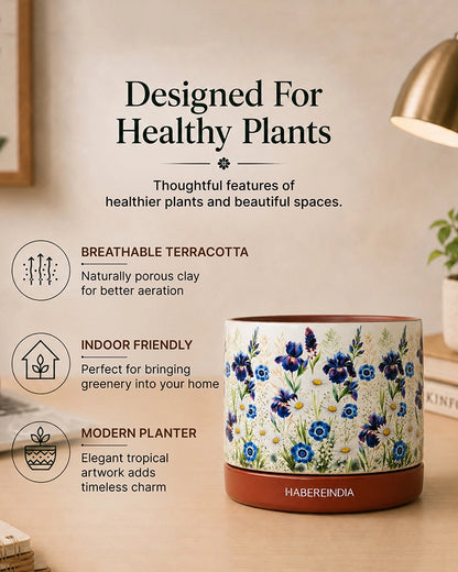 Floral Print Terracotta Planter with Under Plate (Multicolour)