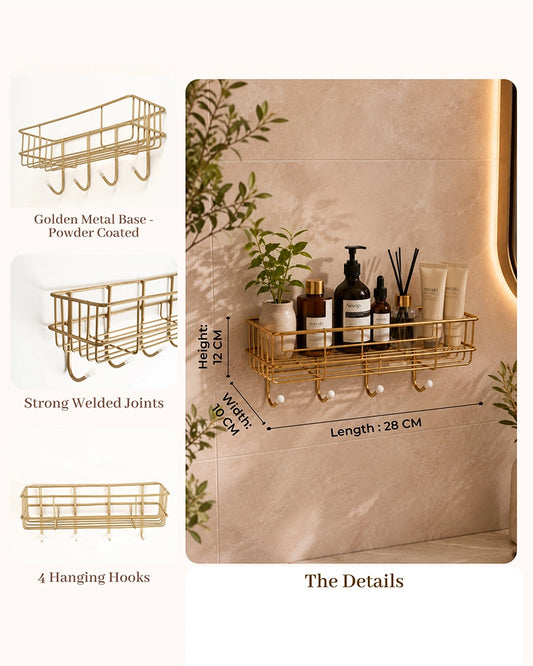 Self Adhesive Metal Wall Shelf with 4 Hanging Hooks for Bathroom Accessories