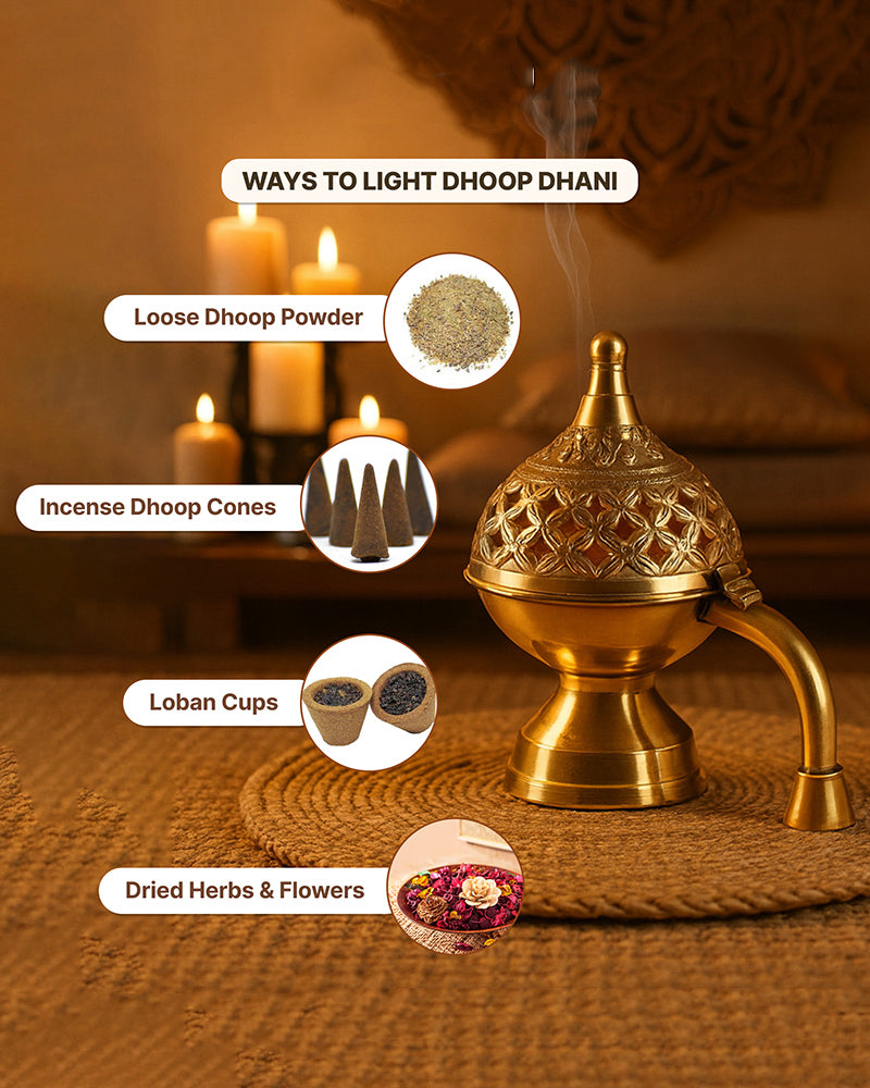 Brass Dhoop Dani for Aarti and Puja with Elegant Sambrani and Loban Holder