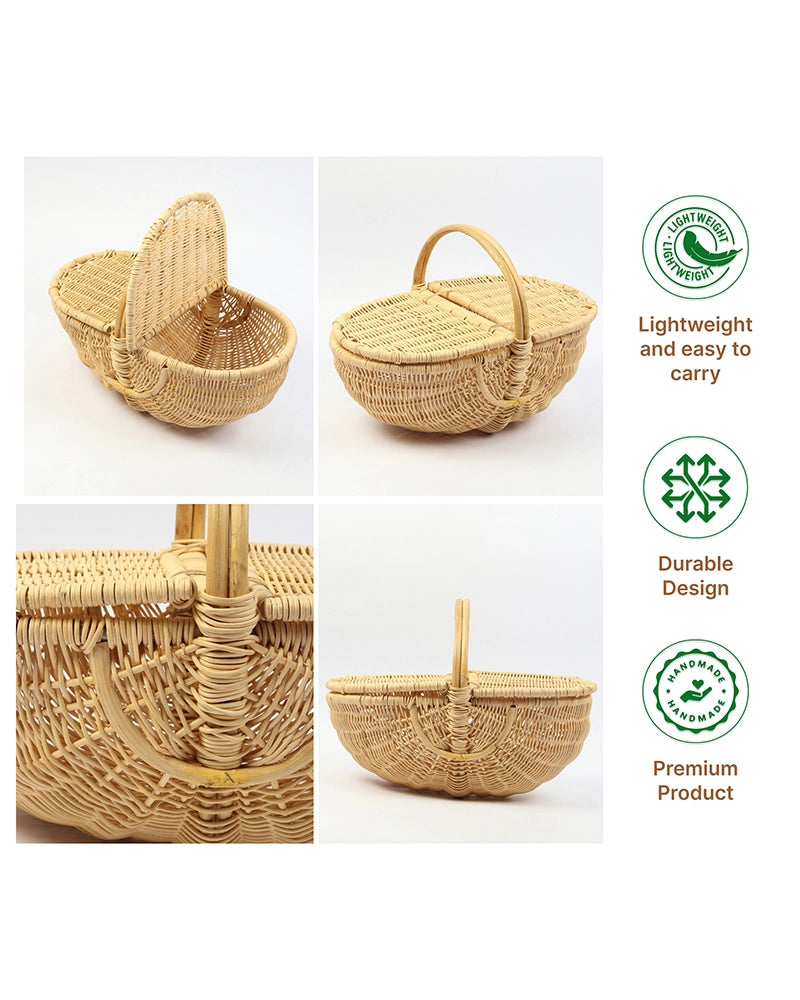 Handcrafted Cane Picnic Basket with Lid for Outdoor and Travel Use