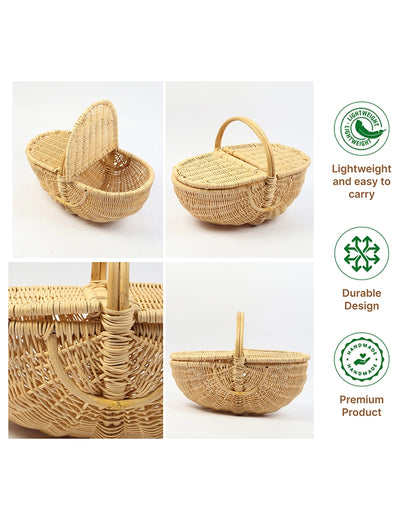 Handcrafted Cane Picnic Basket with Lid for Outdoor and Travel Use