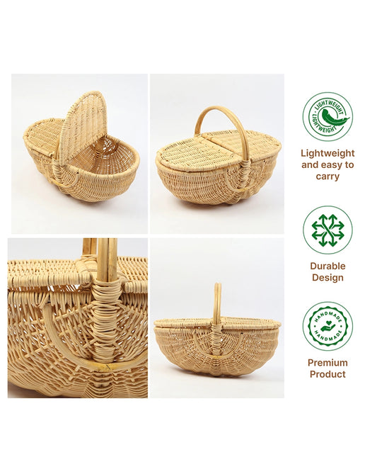 Handcrafted Cane Picnic Basket with Lid for Outdoor and Travel Use