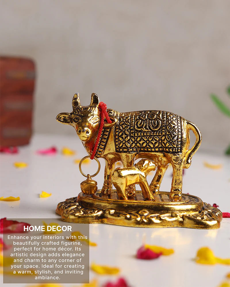 Kamdhenu Cow with Calf Statue, Decorative Cow Figurine and Gift Item