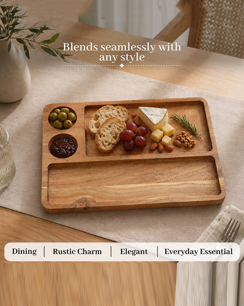 Rectangular Wooden Platter with Cup Sections for Cheese Serving