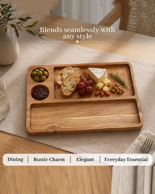 Rectangular Wooden Platter with Cup Sections for Cheese Serving