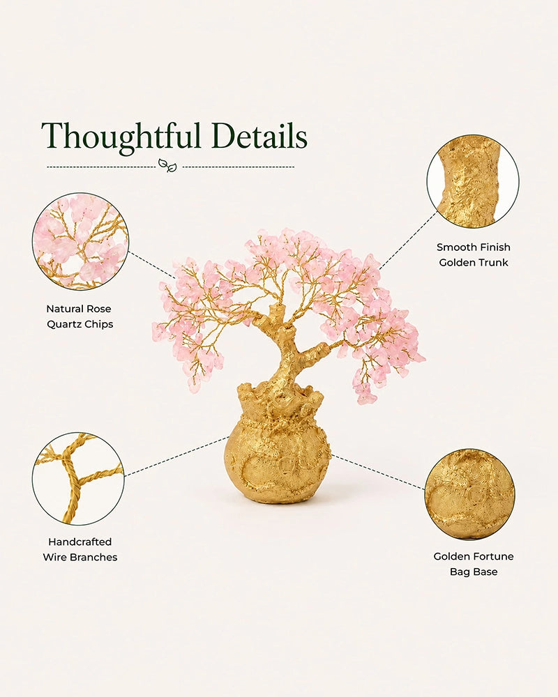 Rare Rose Quartz Crystal Tree in Gold Pot for Love & Positive Energy