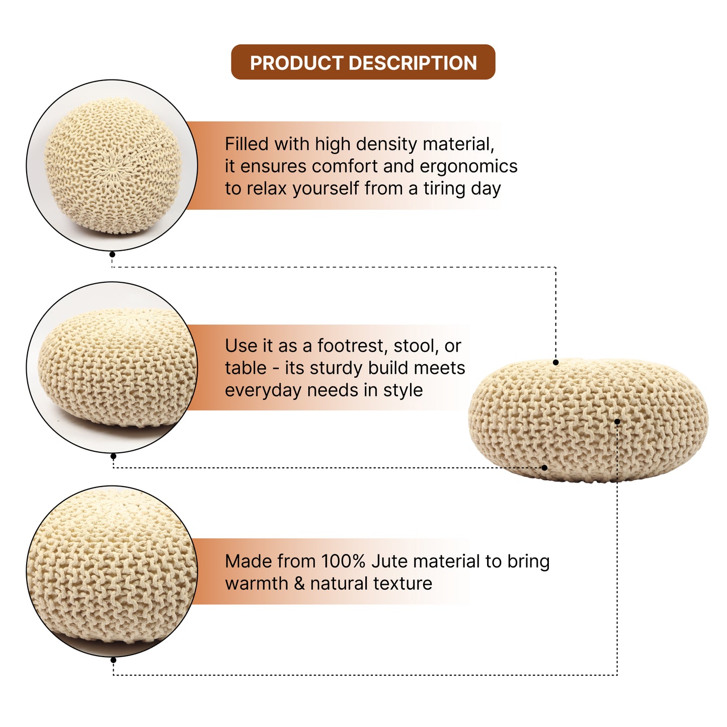 Handwoven Jute Round Pouffe in White for Living Room and Bedroom