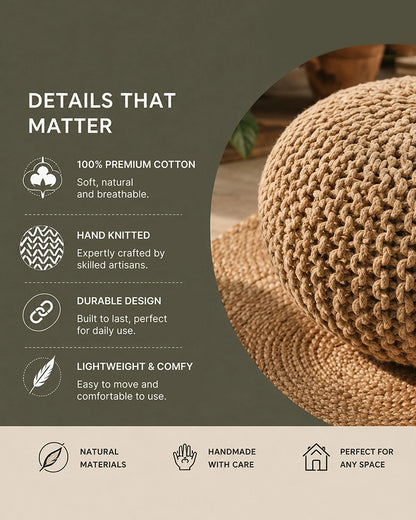 Hand Knitted Beige Cotton Pouf Chunky Knit Round Ottoman Boho Footrest