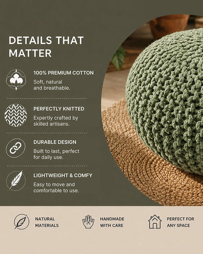 Hand Knitted Sage Green Cotton Pouf Chunky Knit Round Ottoman Footrest