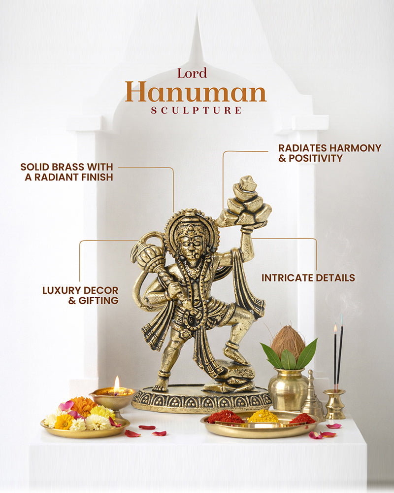 Decorative Pure Brass Hanuman Ji Idol for Temple Shelves and Worship