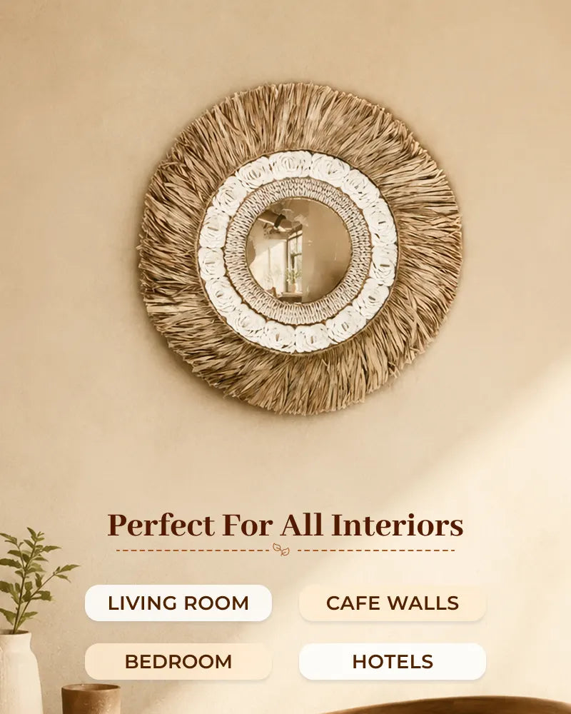 Eco Friendly Natural Raffia and Shell Boho Wall Mirror