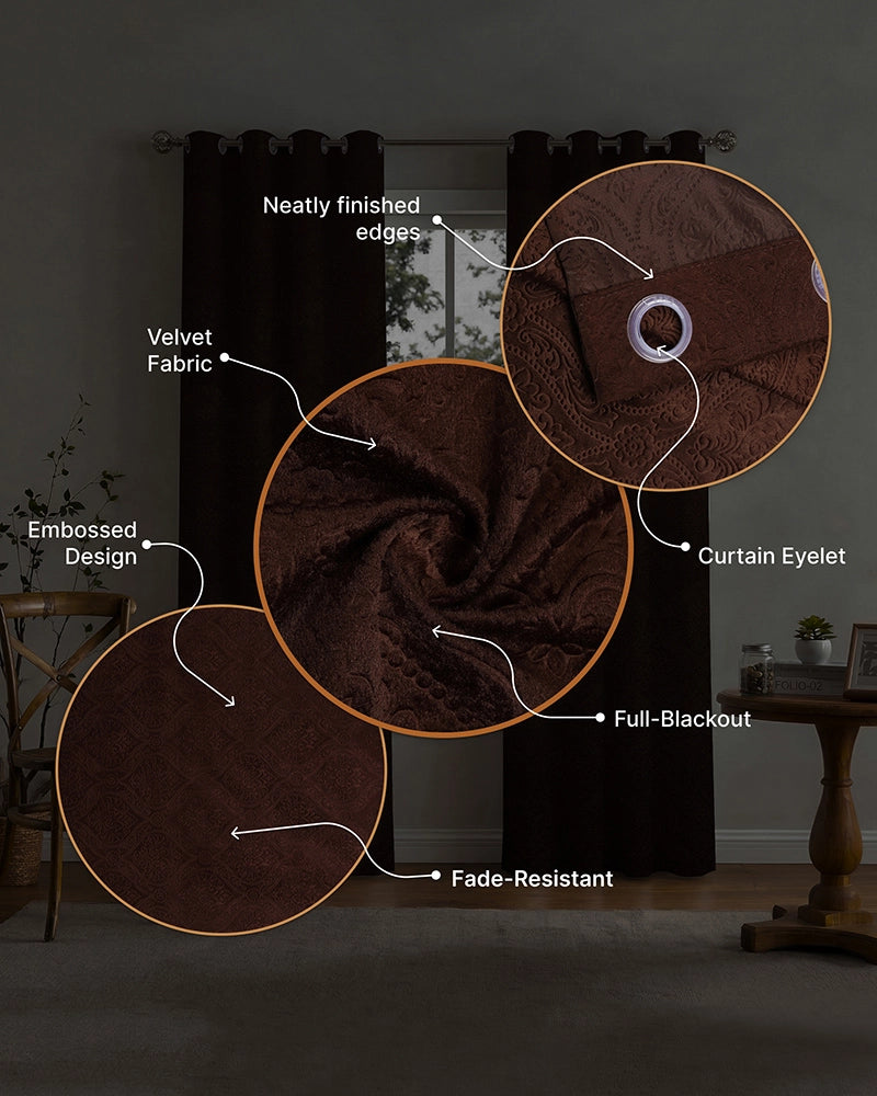 Velvet Eyelet Door Curtain (Brown, Textured, 7 ft)
