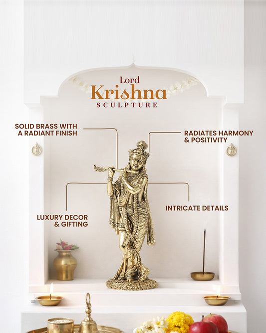 Traditional Krishna Brass Idol Playing Flute for Pooja Needs and Home Decoration