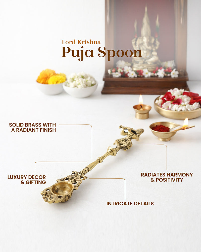 Brass Ritual Spoon with Lord Krishna Idol for Pooja Use
