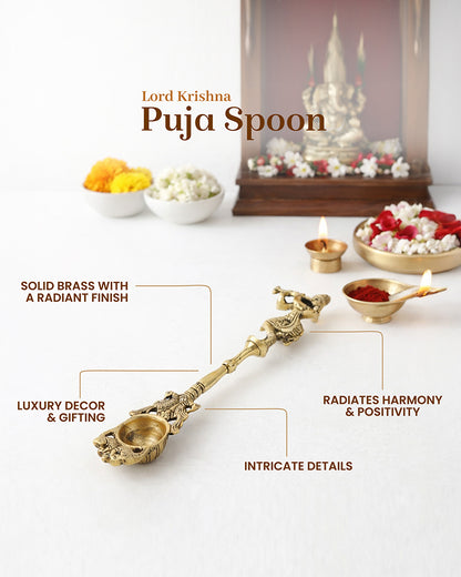 Brass Ritual Spoon with Lord Krishna Idol for Pooja Use