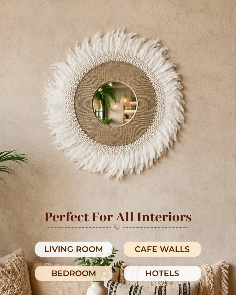 White Feather Boho Wall Mirror Handmade Statement Decorative Mirror