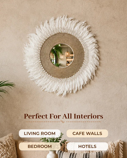 White Feather Boho Wall Mirror Handmade Statement Decorative Mirror