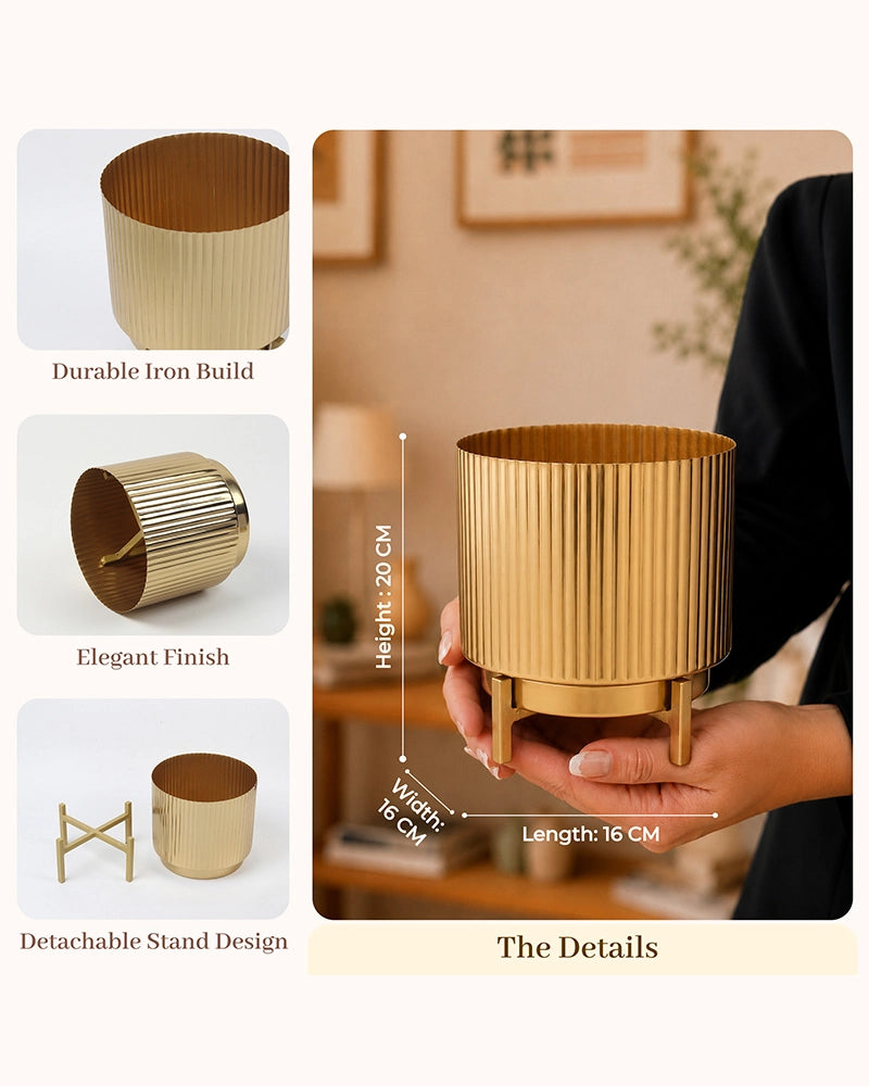 Hancrafted Fluted Metal Plant Pot with Stand for Living Room & Home Décor