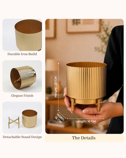 Hancrafted Fluted Metal Plant Pot with Stand for Living Room & Home Décor