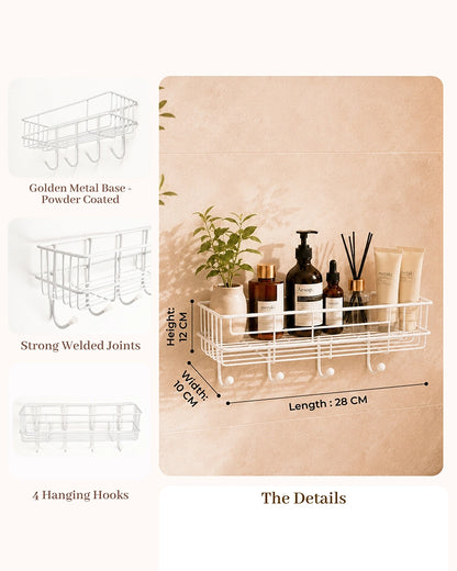 Self Adhesive Metal Wall Shelf with 4 Hanging Hooks for Bathroom Accessories