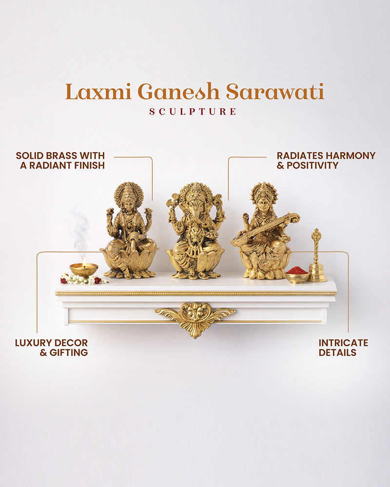 Pure Brass Laxmi Ganesh Sarasvati Idol Set for Home Pooja