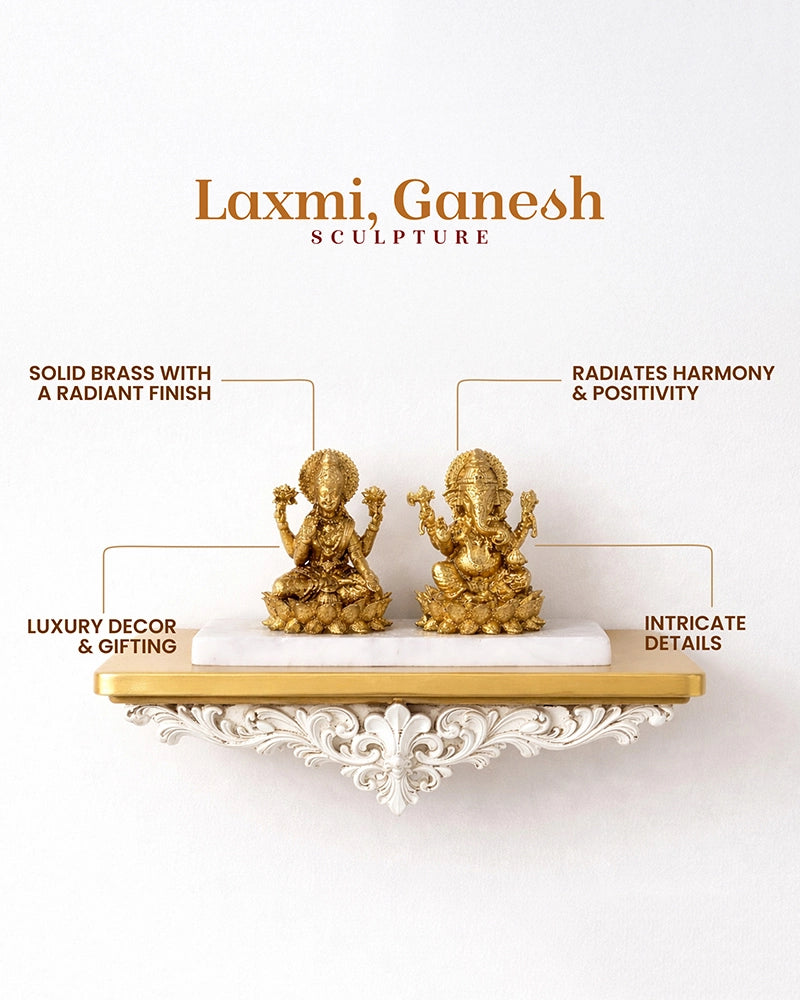 Brass Laxmi Ganesh Idol on Marble Base for Home Temple and Pooja Room