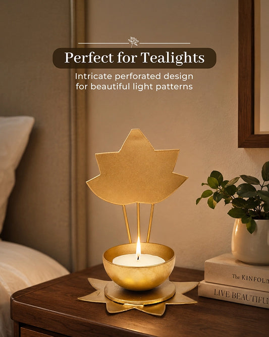 Metal Lotus Tea Light Holder with Decorative Stand for Pooja