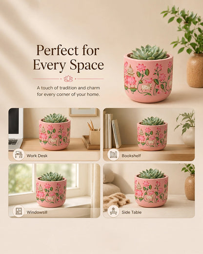 Pichwai Art Hand Painted Lotus Design Terracotta Plant Pot (Pink)