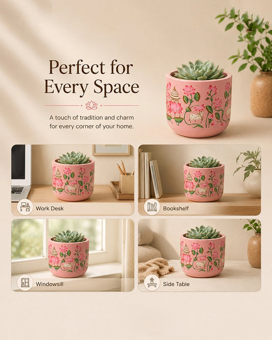 Pichwai Art Hand Painted Lotus Design Terracotta Plant Pot (Pink)