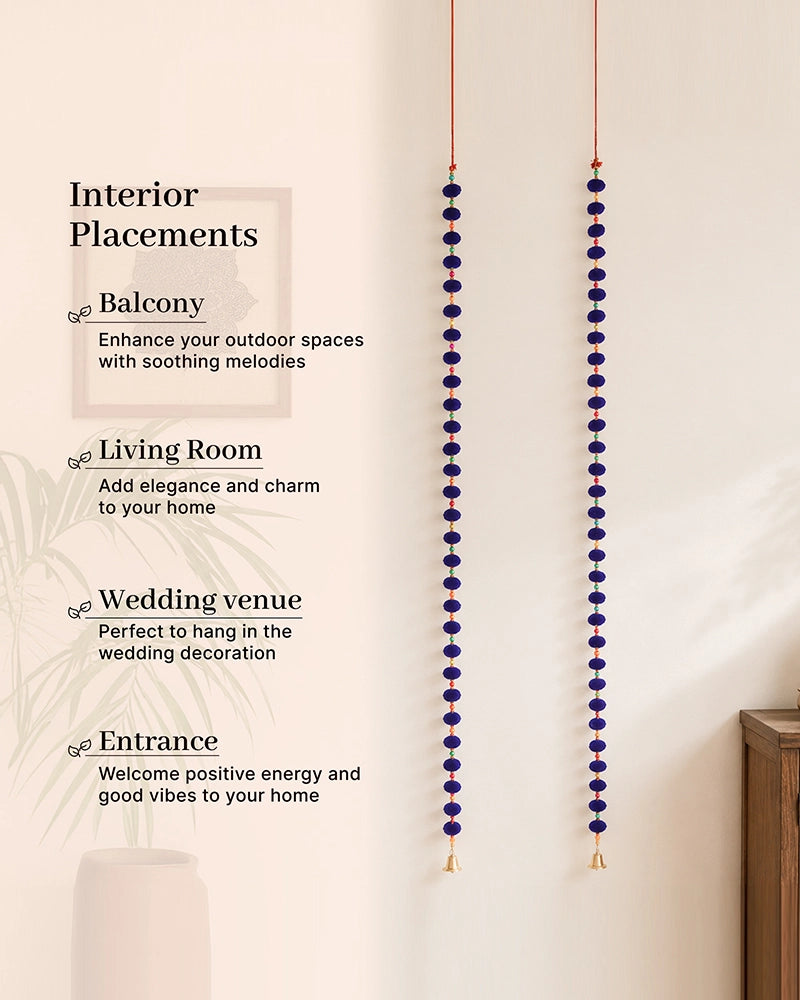 Handcrafted Blue Pom Pom Wall Hanging with Colorful Beads Set of 2