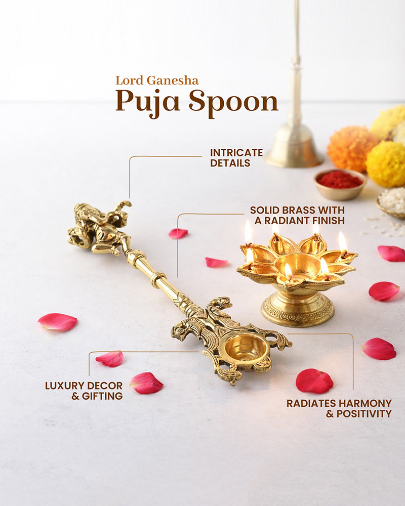 Brass Ganesha Ritual Spoon for Pooja Items and Home Decoration
