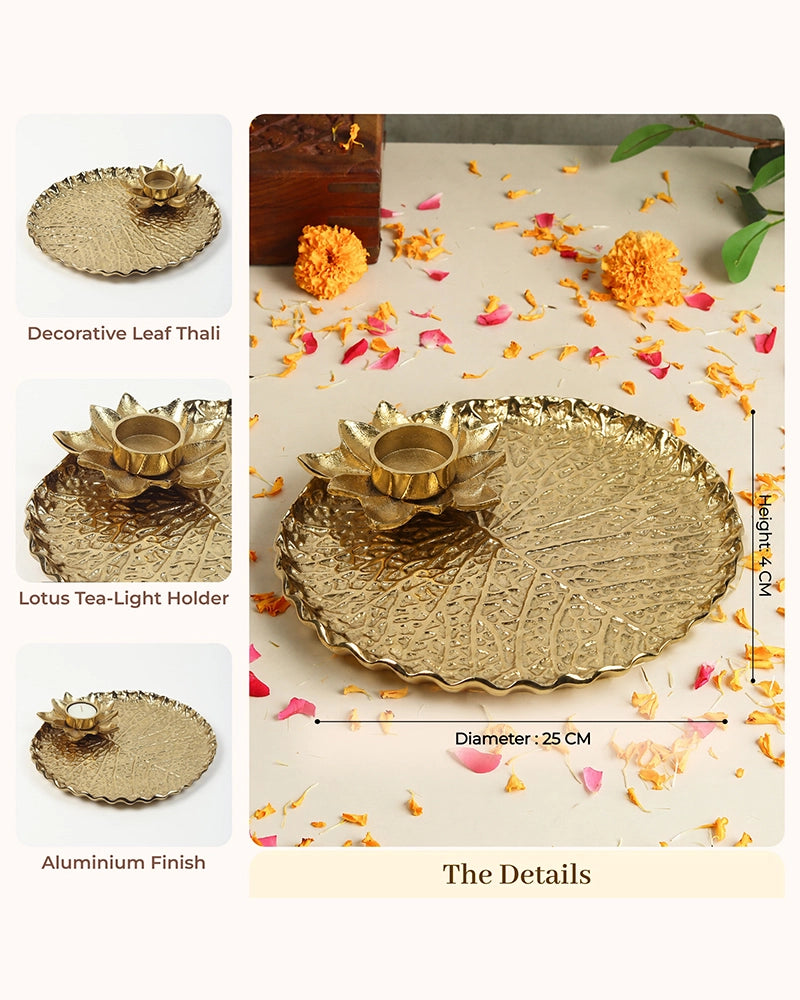 Premium Lotus Pooja Thali with Tea Light Holder for Festive Pooja & Gifting
