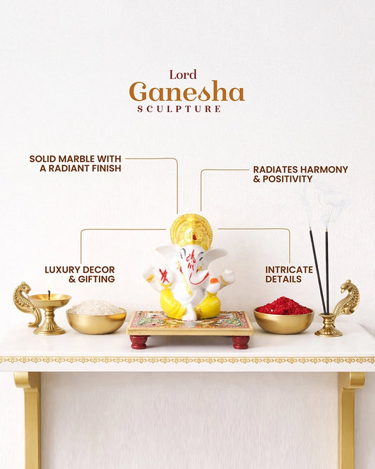 Decorative Marble Lord Ganesha Idol for Mandir, Shelves, and Pooja Room