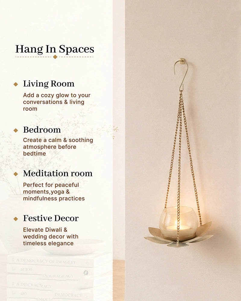 Hanging Metal Lotus Tealight & Candle Holder (Golden)