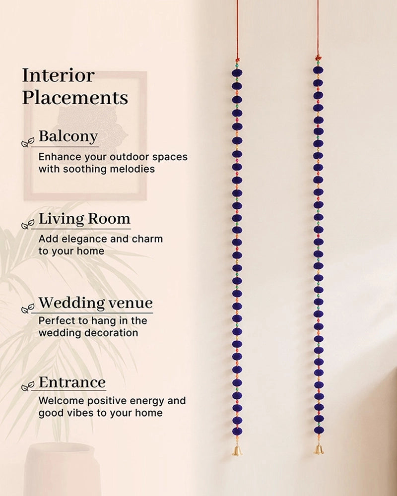 Handcrafted Blue Pom Pom Wall Hanging with Colorful Beads Set of 2
