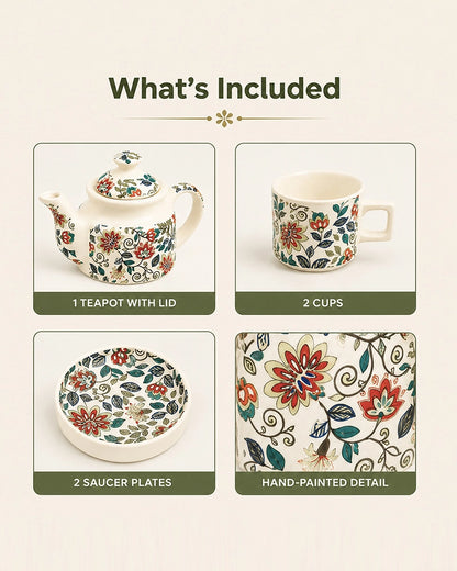 Hand Painted Floral Ceramic Tea Pot Set with Cups Saucers