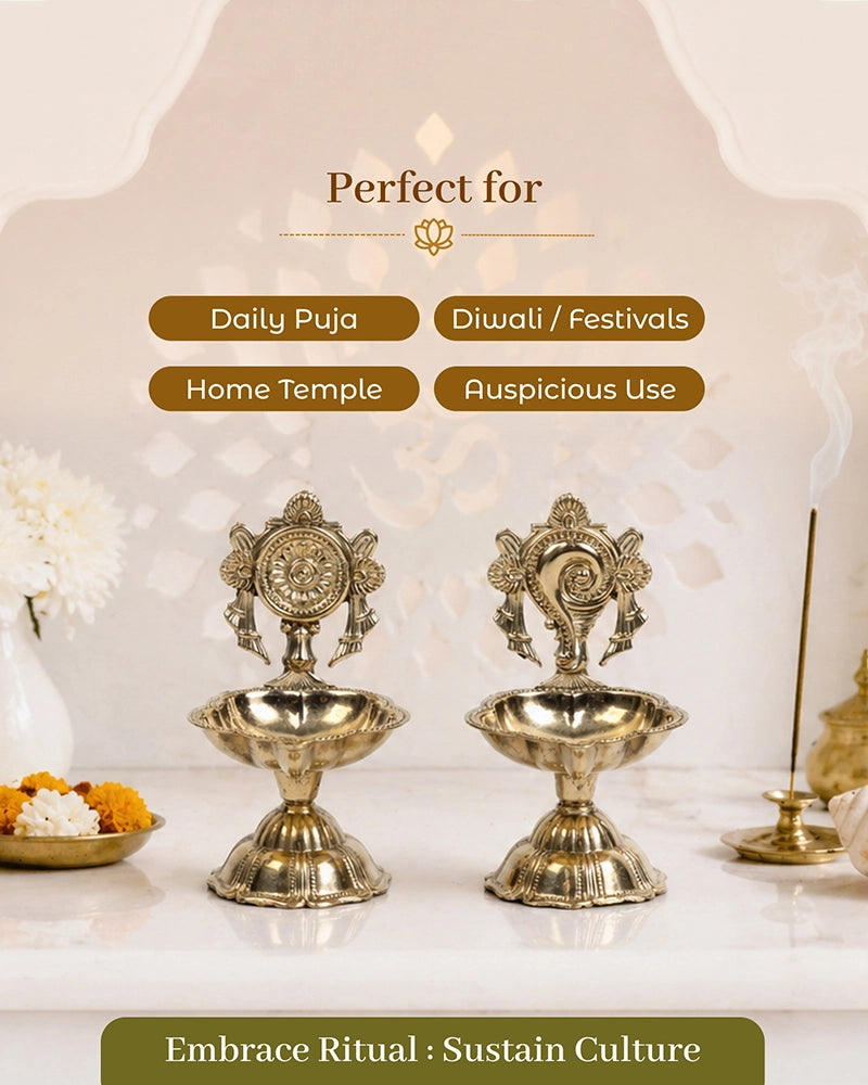 100% Pure Brass Decorative Handle Diya for Pooja Décor, Set of 2