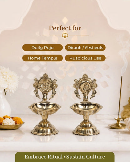 100% Pure Brass Decorative Handle Diya for Pooja Décor, Set of 2